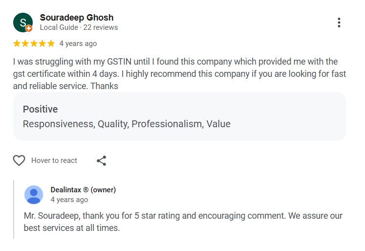 Happy client sharing positive review about Dealintax accounting and GST services in Hyderabad