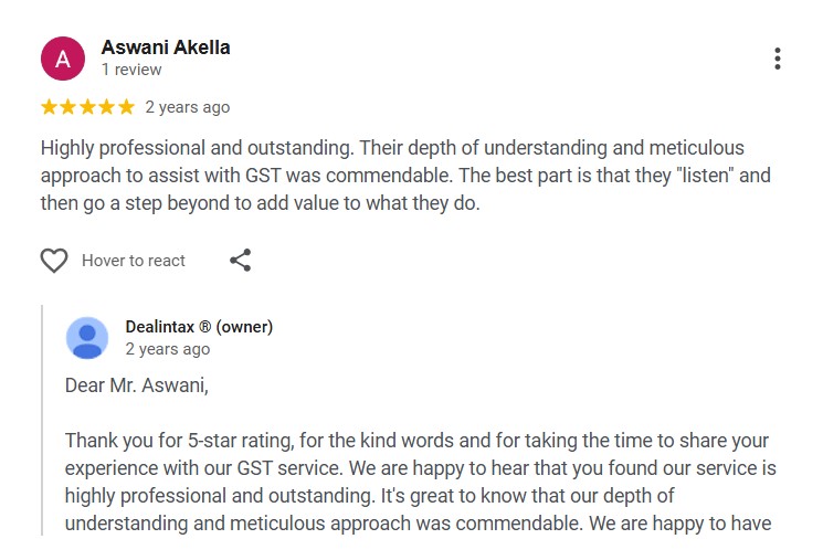 6 Client testimonial for Dealintax in Hyderabad showcasing trusted GST and tax services