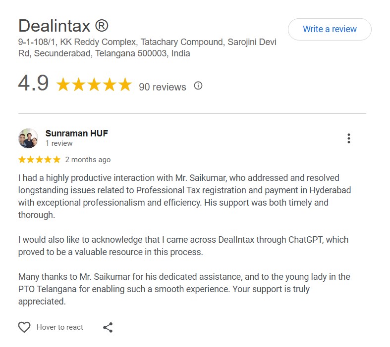 Screenshot 2025-10-14 153723 Client Mr. Raman appreciating Dealintax for professional tax assistance in Hyderabad